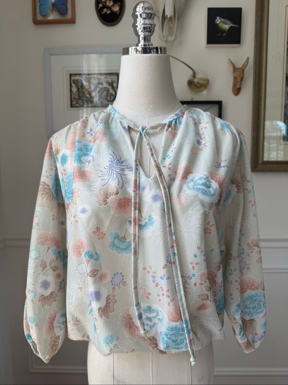 Vintage 70s Seafoam Green Cropped Peasant Blouse Top S M